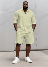 Big & Tall Men's Business Solid Color Long Sleeve Shirt Shorts Set